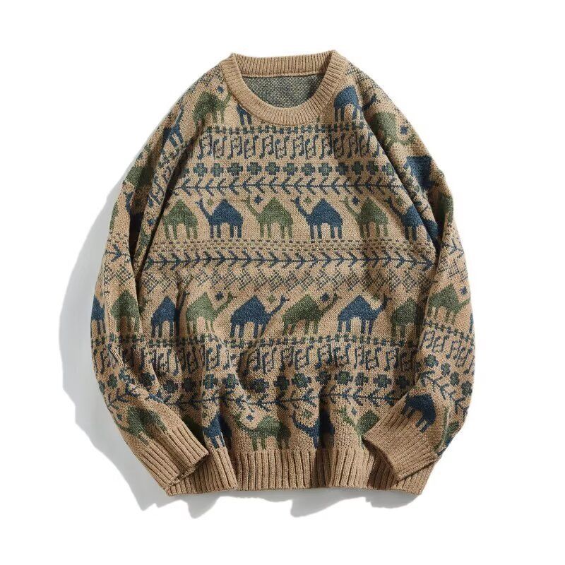 Harajuku Style Animal Jacquard Sweater, Versatile For Autumn And Winter, Deer Plush Knitted Sweater For Teenagers_viptrois.com