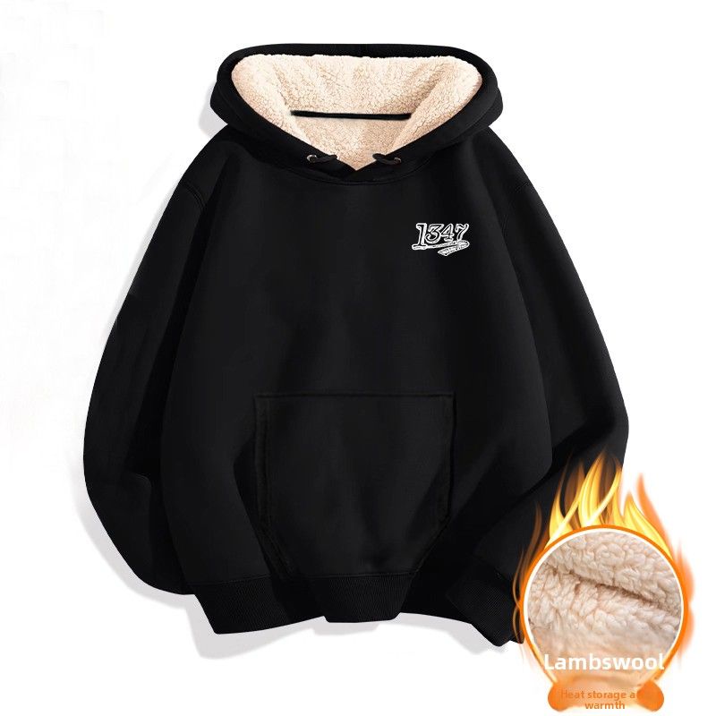 Imitation Cotton Lamb Wool Shoulder Hooded Drawstring Sweater_viptrois.com