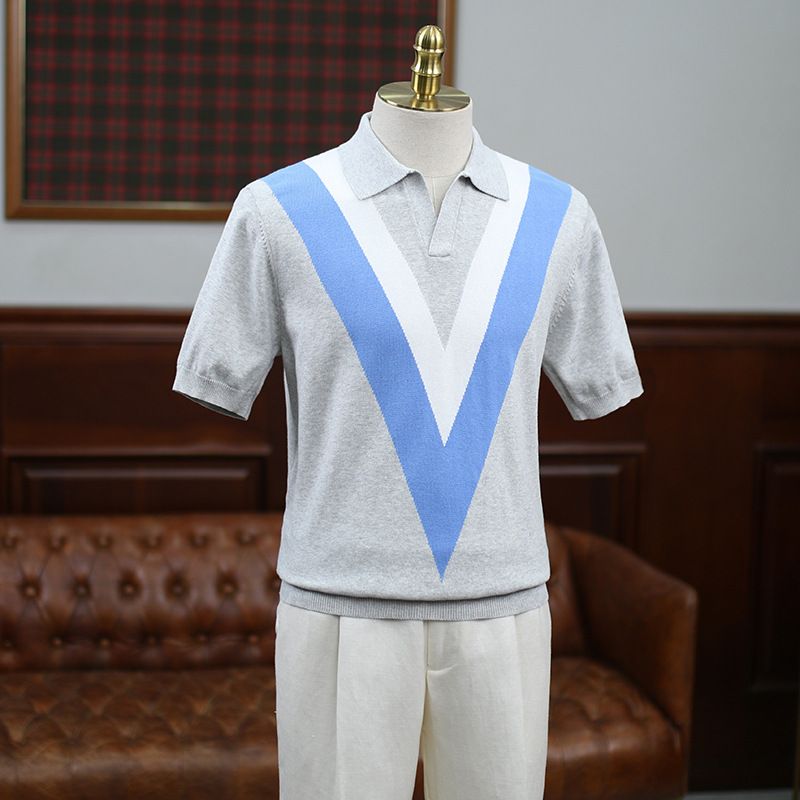Men's Clothing Polo Shirt V Neck Short Sleeved Knitted Sweater Striped Triangle Slim Business Ice Silk Summer T Shirt_viptrois.com