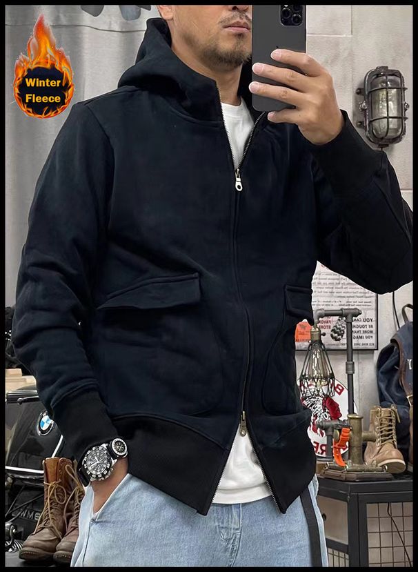 Men's Clothing Autumn And Winter New Men's Thickened Casual Jacket Hooded Solid Color Cardigan Trendy Sweater Jacket Coat_viptrois.com
