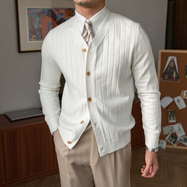 Spring And Autumn Men's Knitted V-Neck Cardigan, Slim Fit, Grooved Long Sleeved Sweat, Outwear, Elegant Casual_viptrois.com