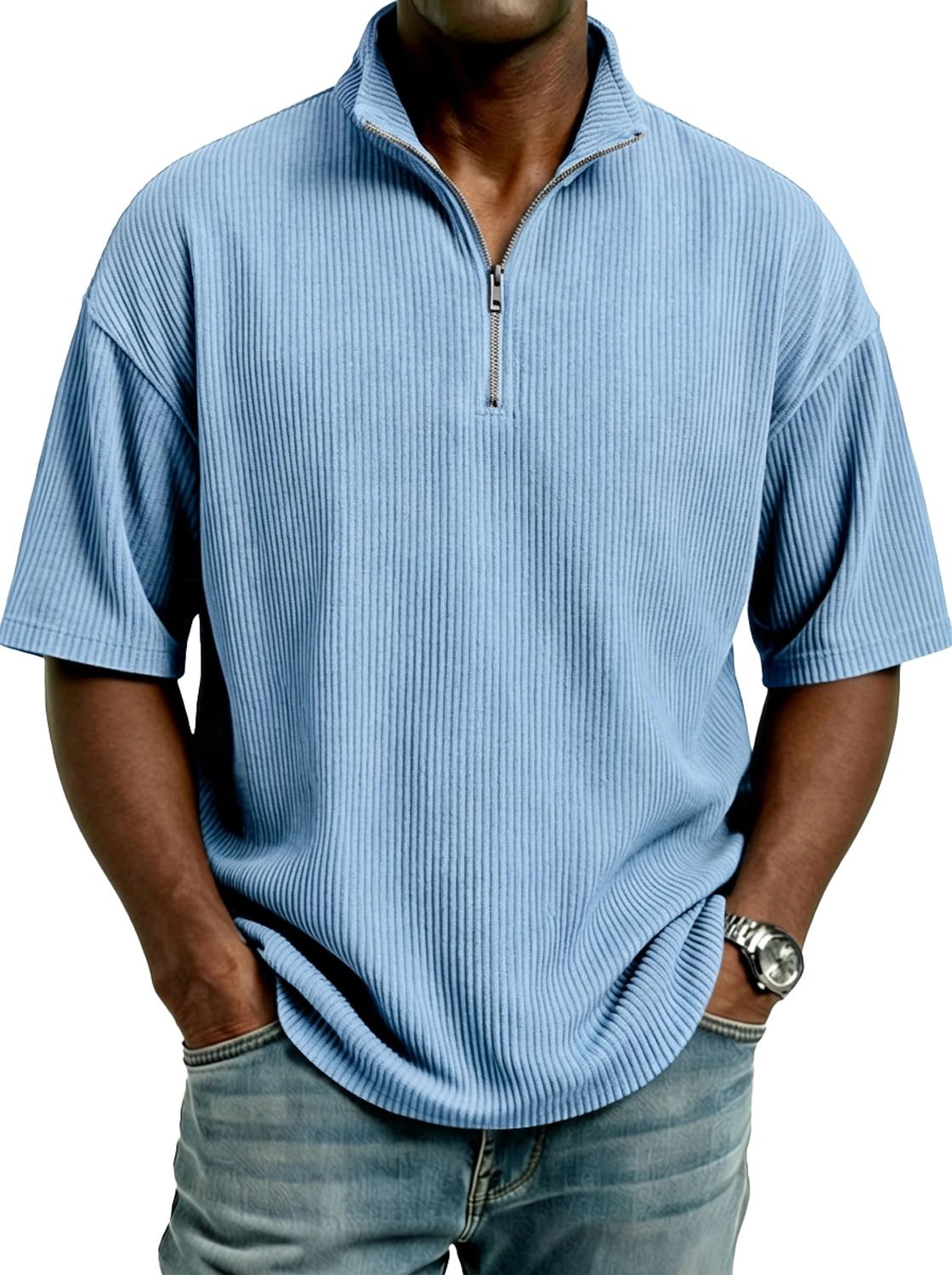 Men's Corduroy Half-Zip Shirt – Stylish Short-Sleeve, Relaxed Fit, Trendy Casual & Smart Look_viptrois.com