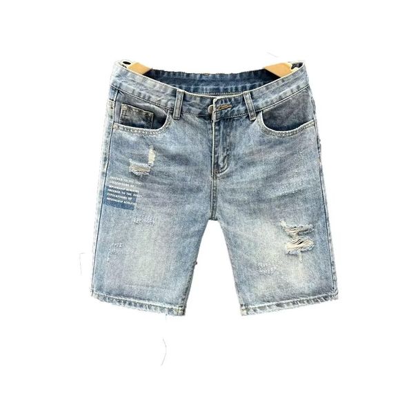 Men's Clothing Casual Retro Embroidered Ripped Denim Shorts Men's Loose Trendy Straight Five Point Pants Trendy_viptrois.com