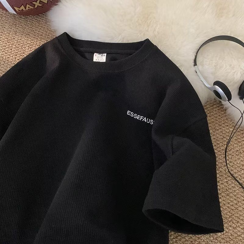 Men's Clothing Waffle Short Sleeved T Shirt Men's Summer Trendy Round Neck Half Sleeved Top Loose Casual Five Point Sleeve T Shirt_viptrois.com