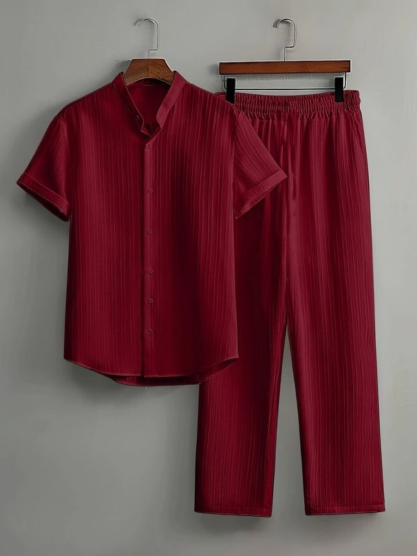 Men's Clothing Men's Casual Multi Color Beach Wear Bamboo Wrinkled Short Sleeved Suit Two Piece Suit_viptrois.com