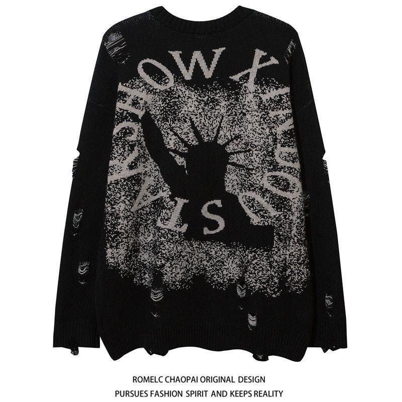 Loom Dark European An American Goess Of Liberty Distresse Unisex Lazy Style Long Sleeve Loose Casual Knitte Sweater_viptrois.com