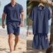 Summer Men's Breathable Linen Heavy Embroidery Independence Day Flag Lapel Loose Shirt Short Sleeve Shorts Suit_viptrois.com