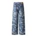 Full Print Five-Pointed Star Faded Washed Denim Straight-Leg Men's High Street Trendy Vibe Distressed Ripped Wide-Leg_viptrois.com