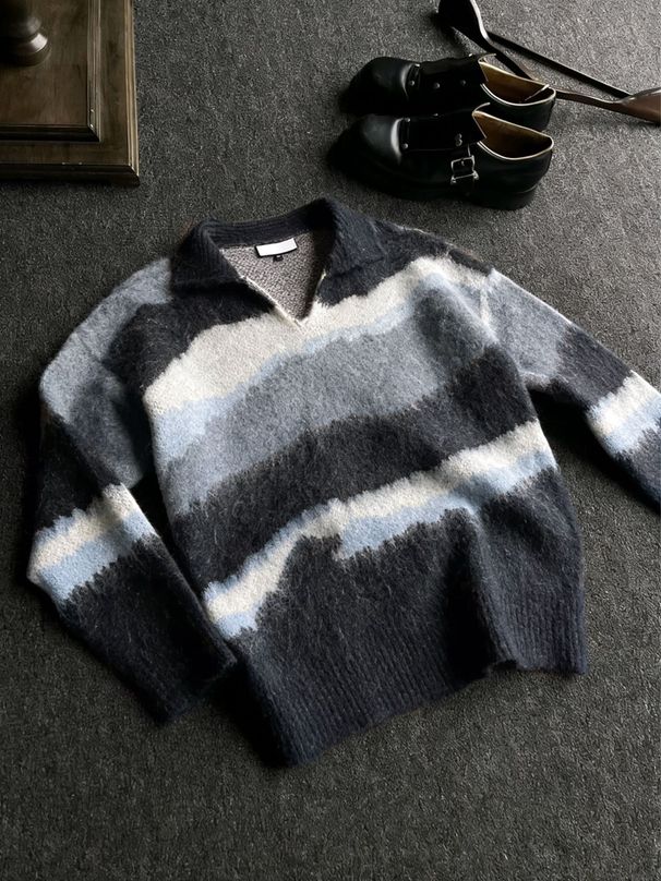 Men's V-Neck Stripe Knit Sweater - Relaxed Fit Casual Pullover With Contrast Color Design For Autumn & Winter_viptrois.com