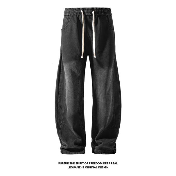 Vintage American-style Autumn Streetwear Washed Patchwork Curved Hem Jeans For Men And Women, Loose Fit, Plus Size,_viptrois.com