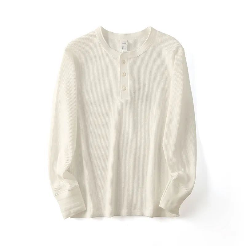 Auumn Winer Henry Collar 260g Double-Sided Waffle Washed Coon Long Sleeve Pullover Base Shir Trendy Men's_viptrois.com