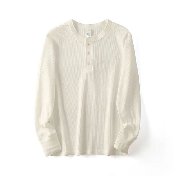 Auumn Winer Henry Collar 260g Double-Sided Waffle Washed Coon Long Sleeve Pullover Base Shir Trendy Men's_viptrois.com