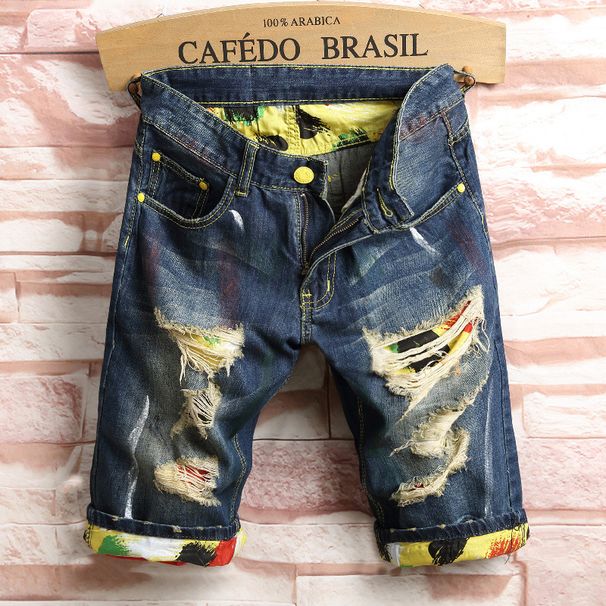 Korean Style Trendy Summer Youth Plus Size Shorts Distressed Graffiti Jeans Student Personality Men's Pants_viptrois.com