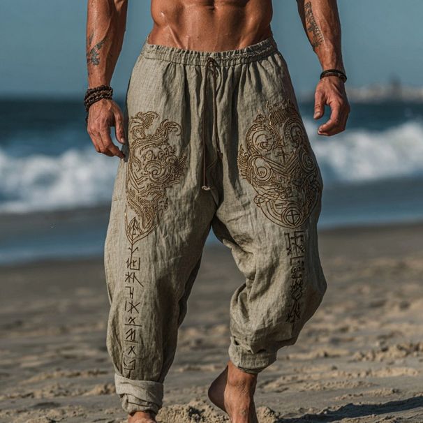 Men's Casual Fashion Loose Linen Trousers Wide Leg Digitally Printed Various Patterns Spring Autumn Wear_viptrois.com