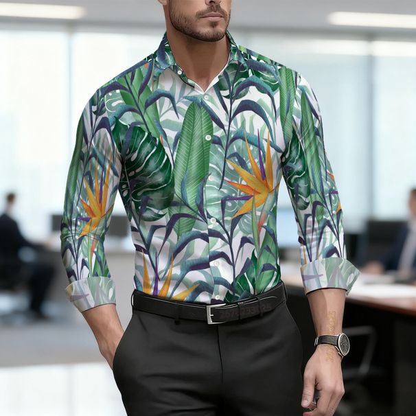 Camisa De Hombre Nueva 2026, Negra Con Estampado De Plantas Verdes, Moderna, Casual, De Manga Larga, Personalizada, Versátil, Tallas XS-6XL_viptrois.com