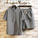 Men's Clothing Style Trend Sports Leisure Suit Solid Color Cotton And Linen Korean Version Stand Collar Short Sleeve T Shirt Two Piece Suit_viptrois.com
