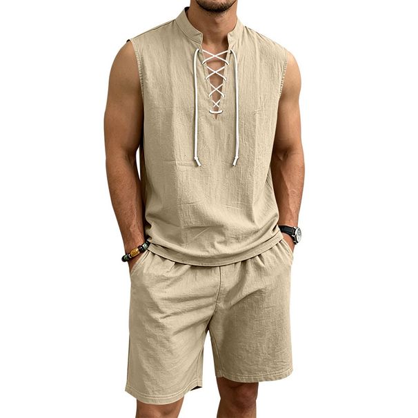 Men's Clothing Men's Linen Suit Casual Loose T-Shirt And Drawstring Shorts Set Sleeveless Trendy For Formal & Casual_viptrois.com