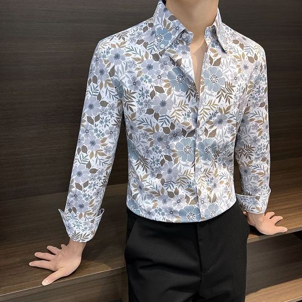 Flower Long Sleeved Versatile Autumn Thin Style 2024 New High-end And Trendy Men's Printed Shirt_viptrois.com