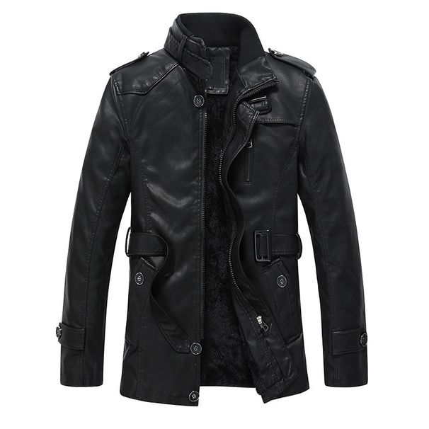 Men's Stand-up Collar Leather Jacket Medium And Long European And American Velvet Thickened Locomotive Imitation Leather Jacket_viptrois.com