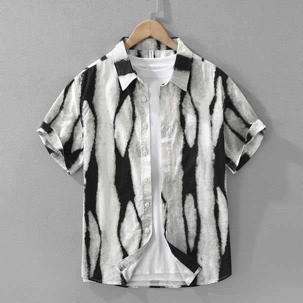 Retro Striped Printed Short Sleeved Shirt, Fashionable And Versatile, Artistic And Casual Loose Top, Men's Clothing_viptrois.com