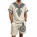 Men's Clothing Men's Viking Style Printed Suit Casual Top And Shorts Set Summer Bamboo Retro Hooded For Formal & Casual_viptrois.com