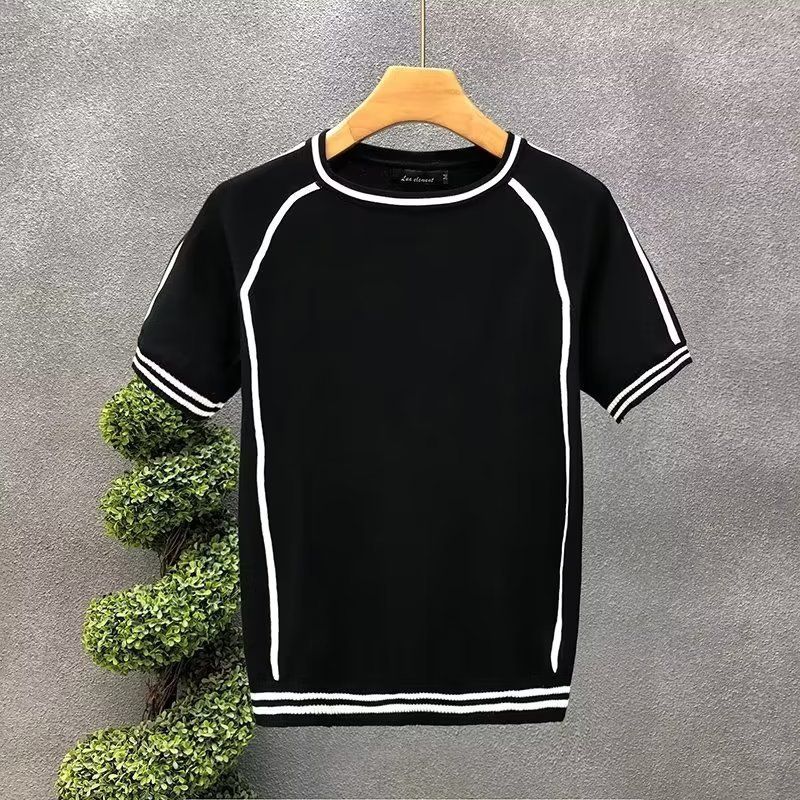 Men's Clothing Summer New Style Ice Silk Thin Knitted Short Sleeved T Shirt Contrast Color Slim Bottoming Shirt_viptrois.com