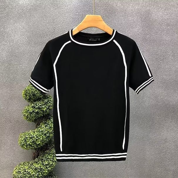 Men's Clothing Summer New Style Ice Silk Thin Knitted Short Sleeved T Shirt Contrast Color Slim Bottoming Shirt_viptrois.com