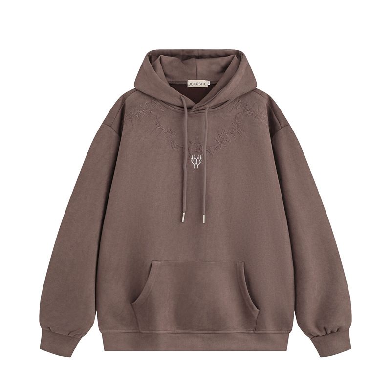 Men's Clothing American High Street Fashion Brand Thorn Embroidery Hooded Sweatshirt Men's Trendy Retro Suede Loose Handsome Student Hoodie_viptrois.com