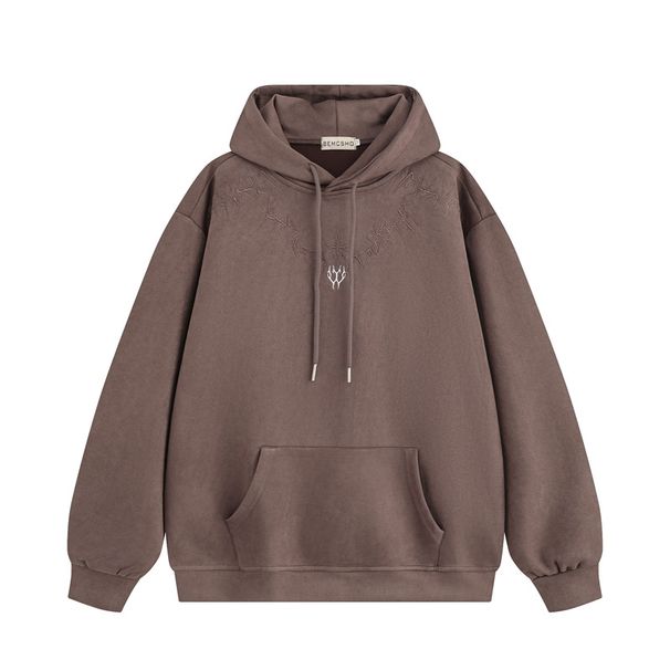 Men's Clothing American High Street Fashion Brand Thorn Embroidery Hooded Sweatshirt Men's Trendy Retro Suede Loose Handsome Student Hoodie_viptrois.com