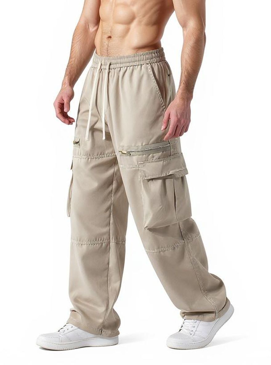 Men's Multi-Pocket Zip-Up Cargo Pants - Relaxed Fit Straight Leg Workwear Trousers For Casual & Retro Style (Khaki, Black, Dark Grey)_viptrois.com