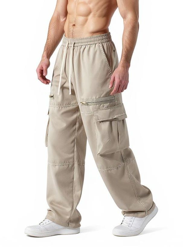 Men's Multi-Pocket Zip-Up Cargo Pants - Relaxed Fit Straight Leg Workwear Trousers For Casual & Retro Style (Khaki, Black, Dark Grey)_viptrois.com