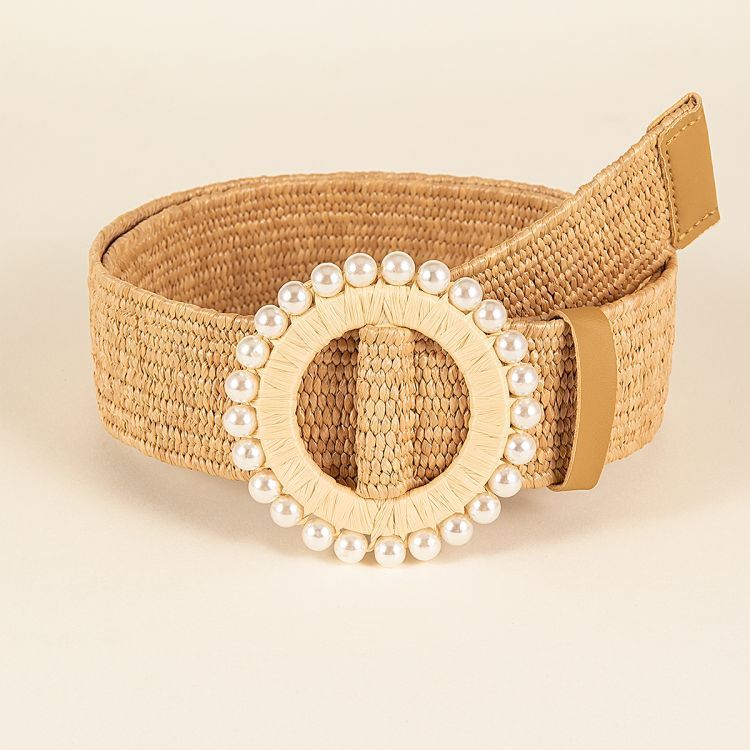 Women Braided Belts Fashion Woven Pearl Buckle Elastic Pp Grass Belt With Floral Skirt Decorated Long Gown_viptrois.com