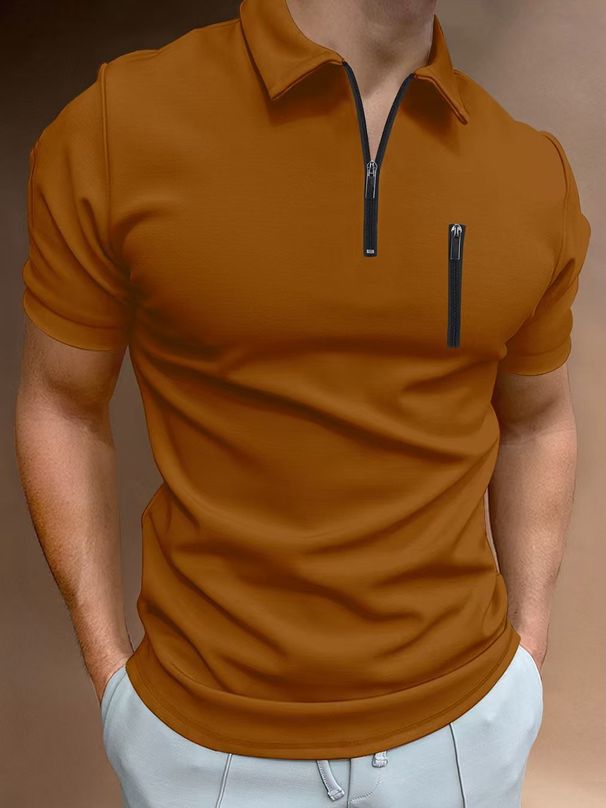 Men's Clothing Summer Polo Shirt Solid Color Zipper Henry Collar Sports Tops_viptrois.com