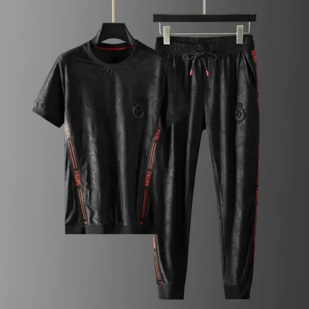 European High-end Jacquard Ribbon Splicing Short Sleeve Suit Men's Summer Korean Version Large Size Trend Two-piece Set_viptrois.com