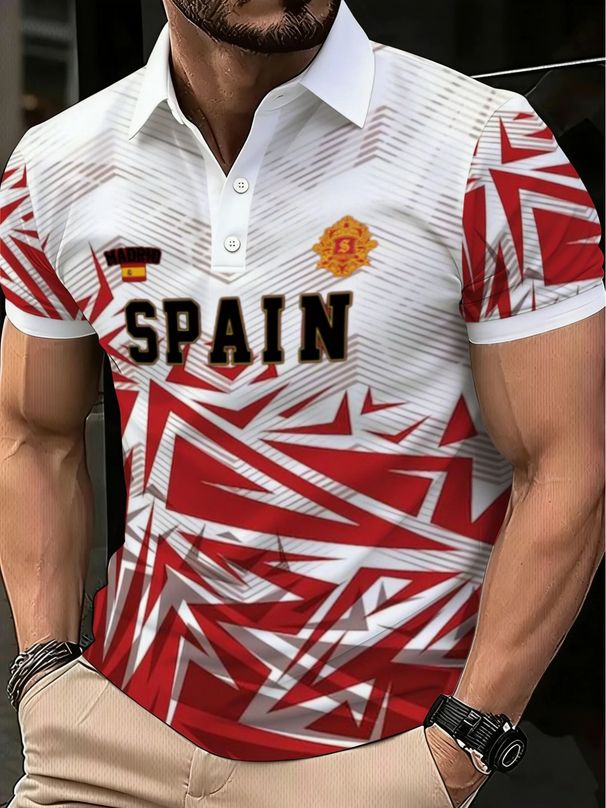 Polo Uomo Taglio Dritto Leggero Traspirante Resistente Fantasia Spagnola Geometrica Rosso-bianco, Manica Corta Casual Outdoor Eventi Tifosi_viptrois.com