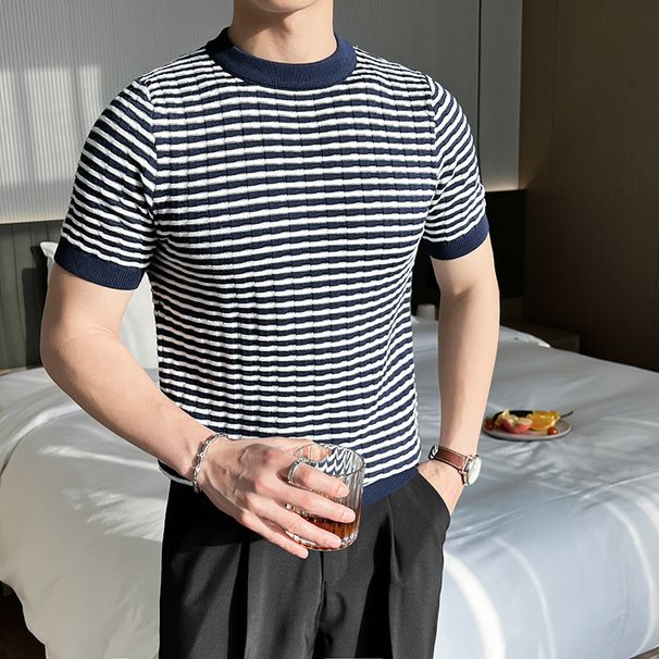 Jacquard Stripe T-Shirt – Breathable Slim Fit Tee, Lightweight & Stylish (Beige/Navy), M-3XL_viptrois.com