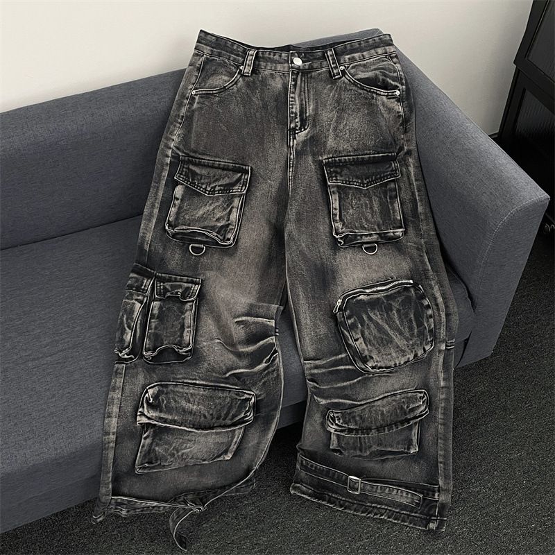 Men's Clothing High Street Heavy Washed Multi Pocket Workwear Jeans For Men And Women Loose American Straight Loose Wide Leg Mopping Trousers_viptrois.com