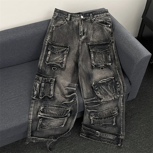 Men's Clothing High Street Heavy Washed Multi Pocket Workwear Jeans For Men And Women Loose American Straight Loose Wide Leg Mopping Trousers_viptrois.com