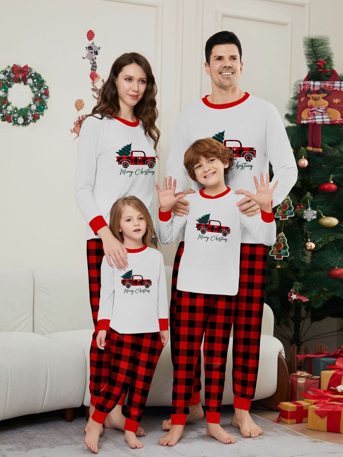 Christmas tree car plaid Christmas family print home clothing pajamas_viptrois.com