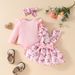 "3-Piece Baby Girl Dress Set With Ruffled Sleeves, Bow Details & Overalls – Soft Cotton Knit, Cute Animal & Floral Prints (80-100cm, 1-3 Years)"_viptrois.com