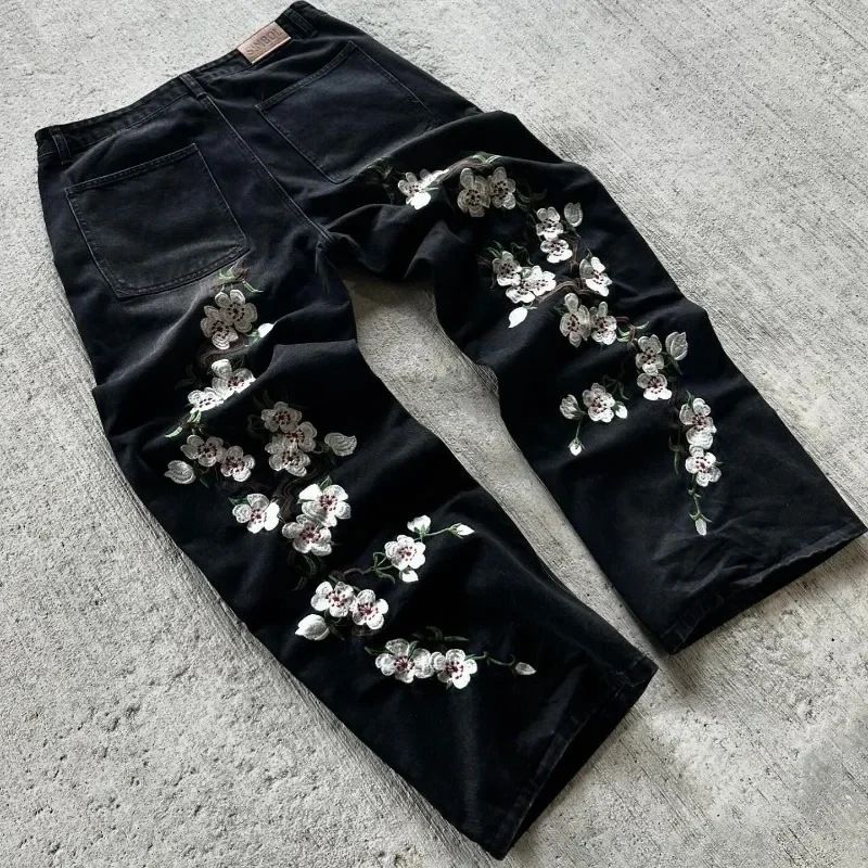 Men's Clothing Retro Personality Street Flower Embroidered Jeans Men And Women Casual Loose Trousers_viptrois.com