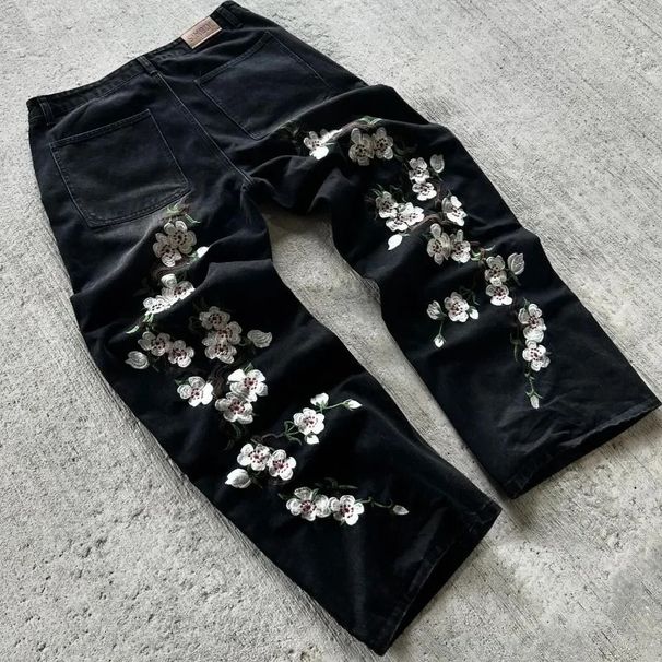 Men's Clothing Retro Personality Street Flower Embroidered Jeans Men And Women Casual Loose Trousers_viptrois.com