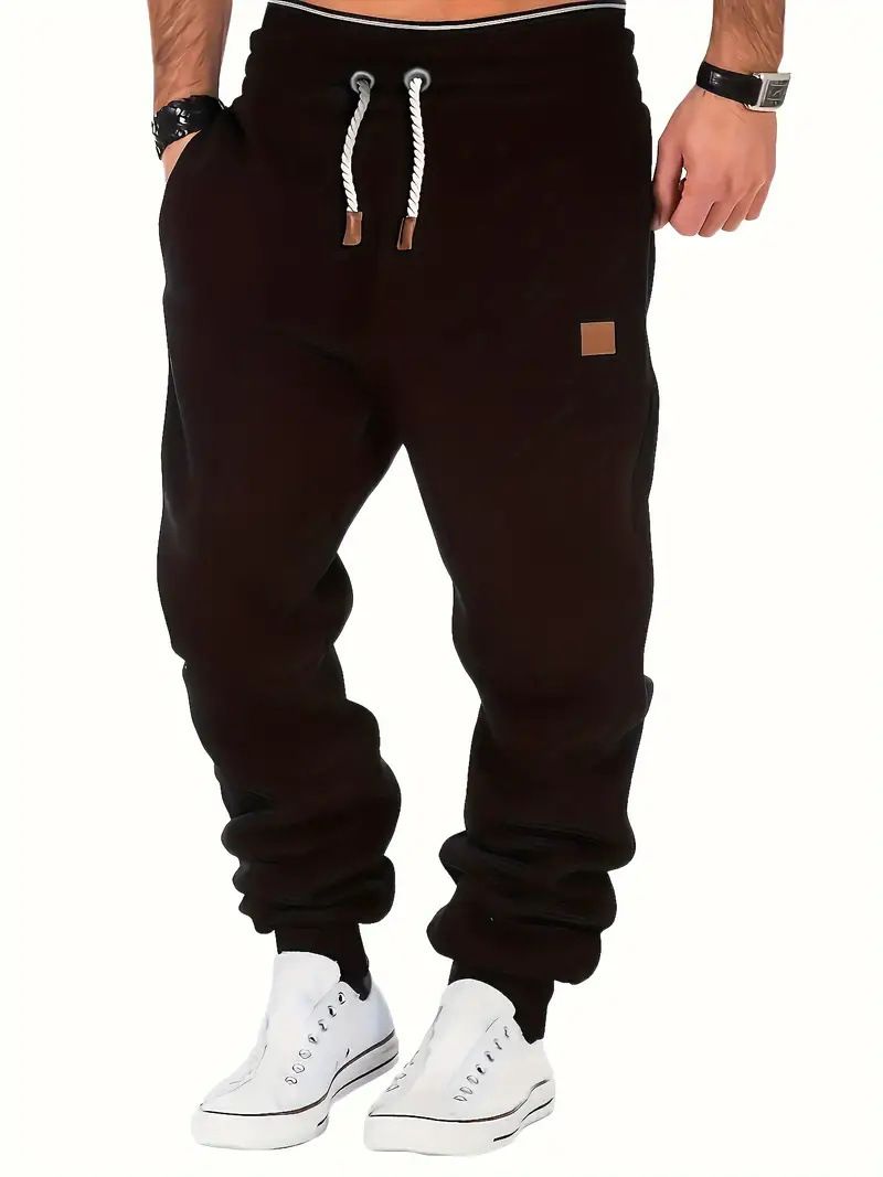 Men’s Casual Sweatpants – Solid Color Drawstring Joggers With Leather Label (Black, Blue, S-XXXL)_viptrois.com