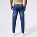 Men's Clothing Patch Rivet Jeans Men's Blue Elastic Small Straight Leg Slim Hole Jeans_viptrois.com