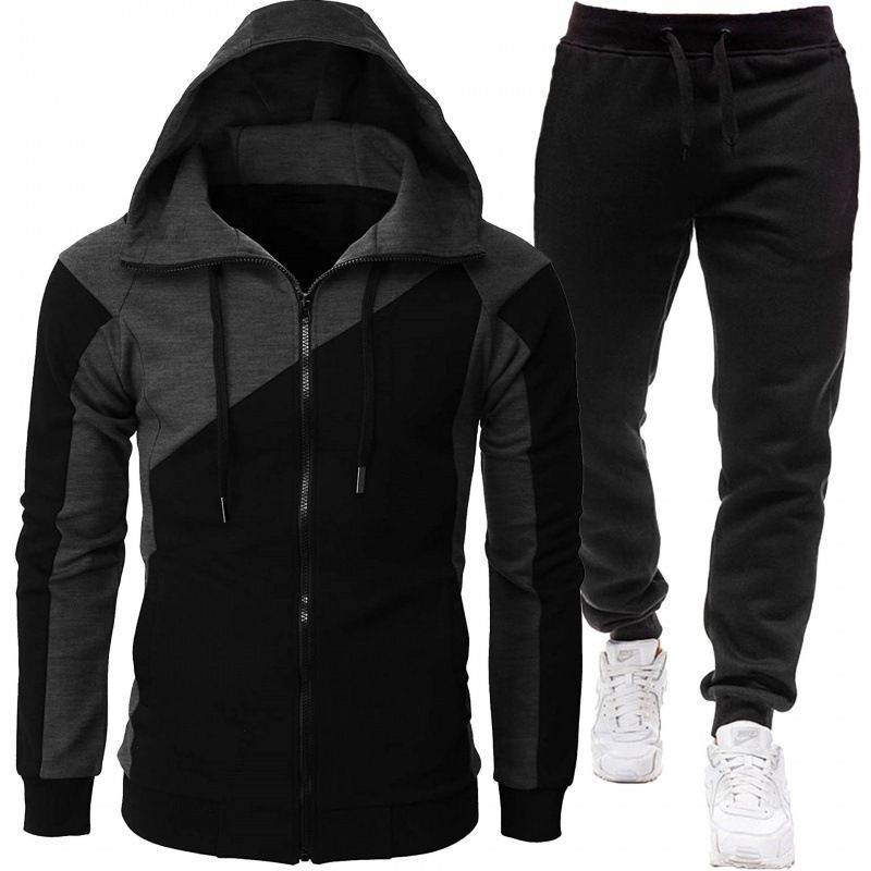 Men's Clothing Autumn And Winter Foreign Trade Sports Two Color Splicing Jacket Long Sleeve Long Pants Hooded Casual Sports Men's Suit_viptrois.com