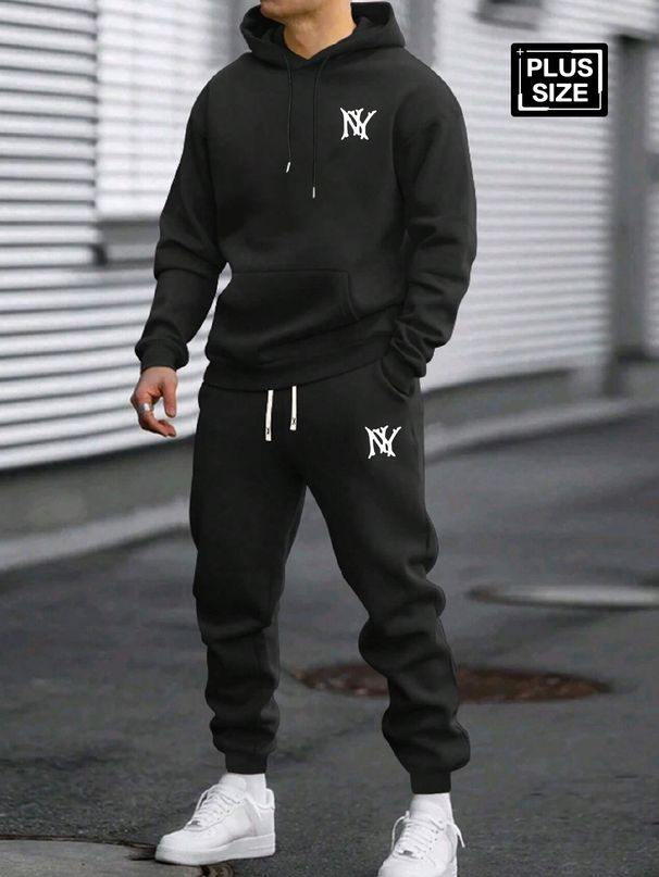 Hooded Zip-Up Jacket Set With NY Letter Prints On The Front And Back Featuring A Hooded Cardigan Paired With Drawstring Fleece Pants In Matching Colo_viptrois.com