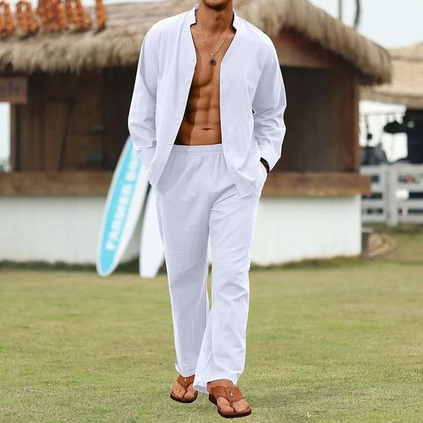 Cross-Border New European And American Sports Men Linen Solid Color Sleeve Long Pants 2-Piece Set Trendy Versatile Men's_viptrois.com