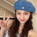 Letter Denim For Women Spring Summer Face Slimming Small Beret Artist Large Head Circumference Hat Ins_viptrois.com