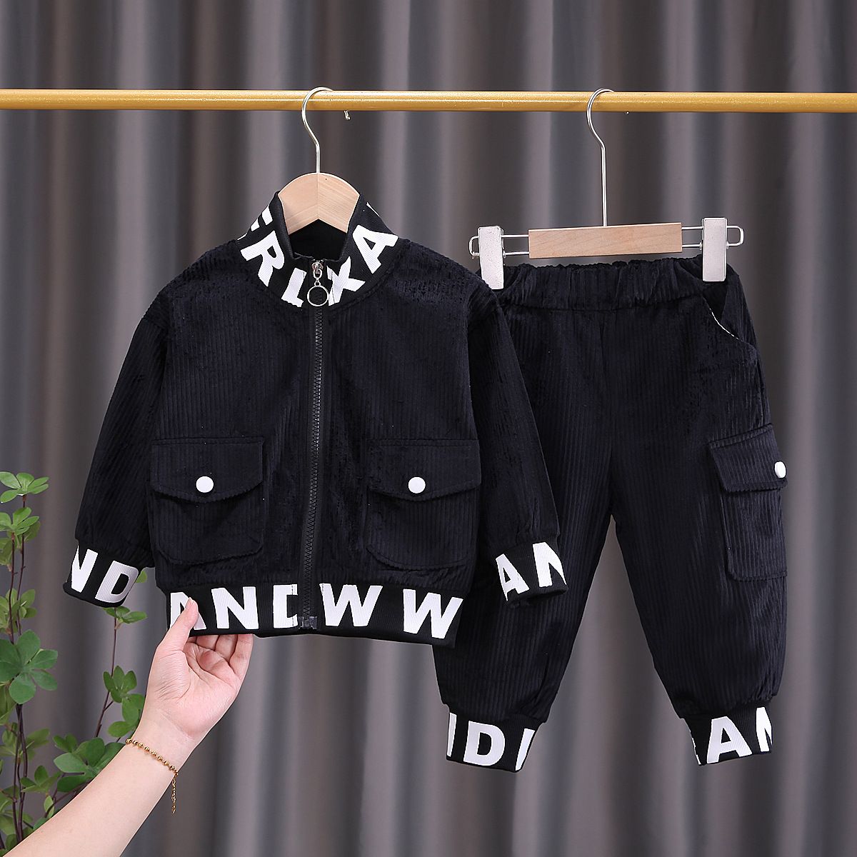 Boys' Corduroy Zip-Up Long Sleeve Two-Piece Outfit – Casual Spring & Autumn Set (80-120cm, Black/Beige/Brown)_viptrois.com