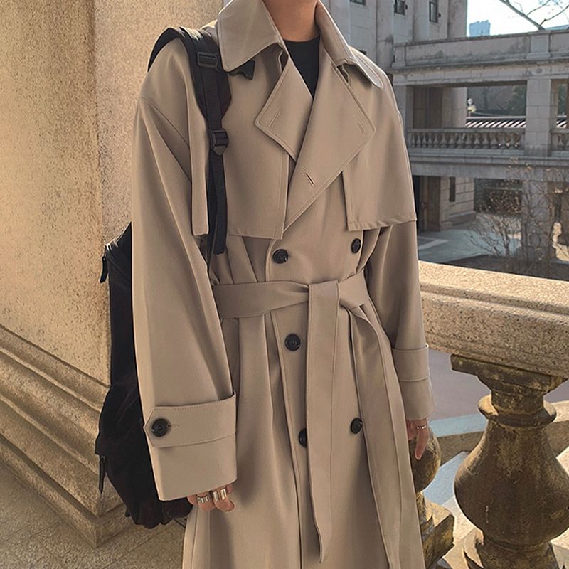 Spring And Autumn Over-the-Knee Trench Coat For Men, Mid-Length Double-Breasted Loose Coat, Korean Style Trendy Casual_viptrois.com
